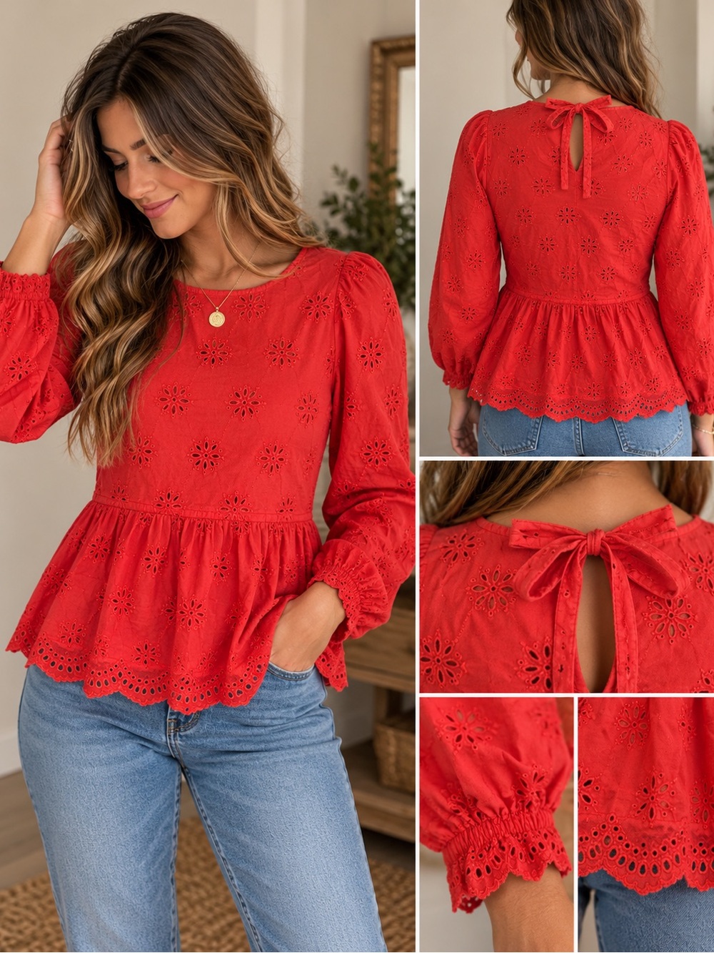 Madewell Red Eyelet Peplum Blouse